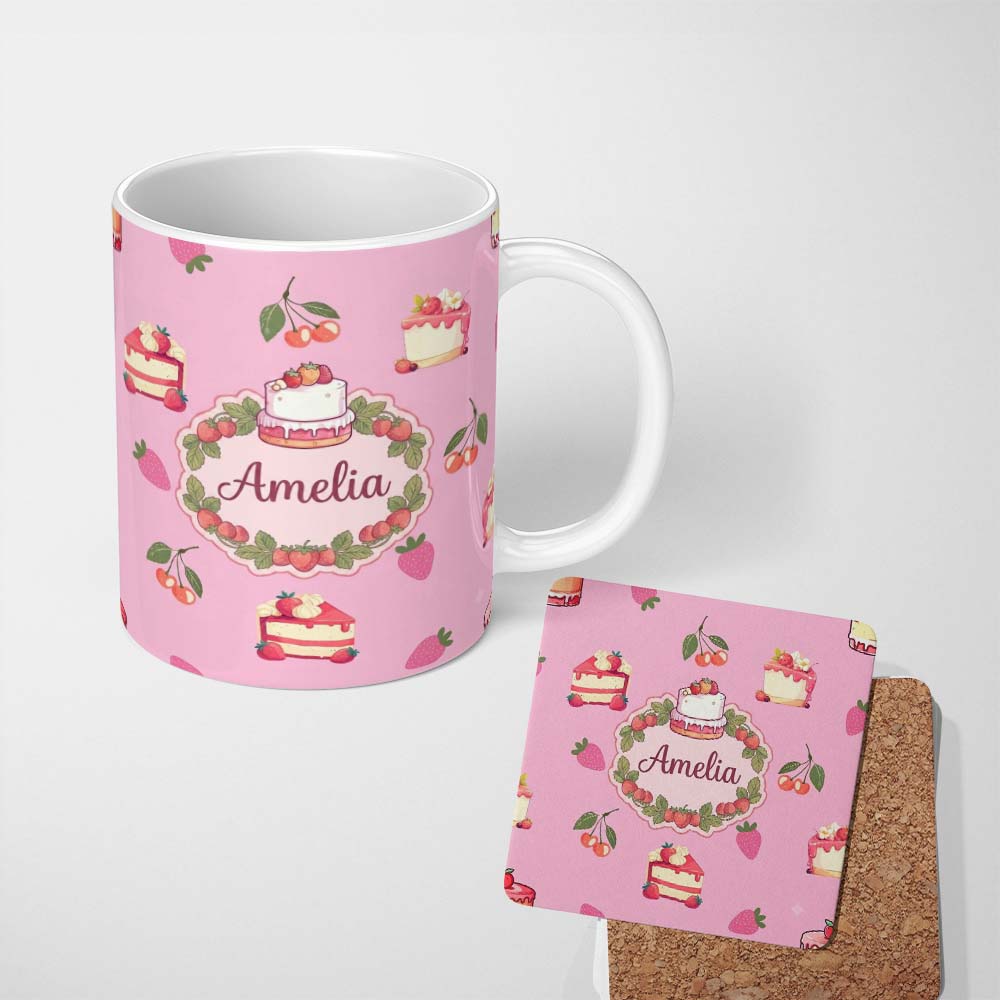 Personalized Custom Name Cute Strawberry Cake Cherry Dessert Seamless Pattern Rose Pink 11oz Ceramic Coffee Tea Mug White Large Handle