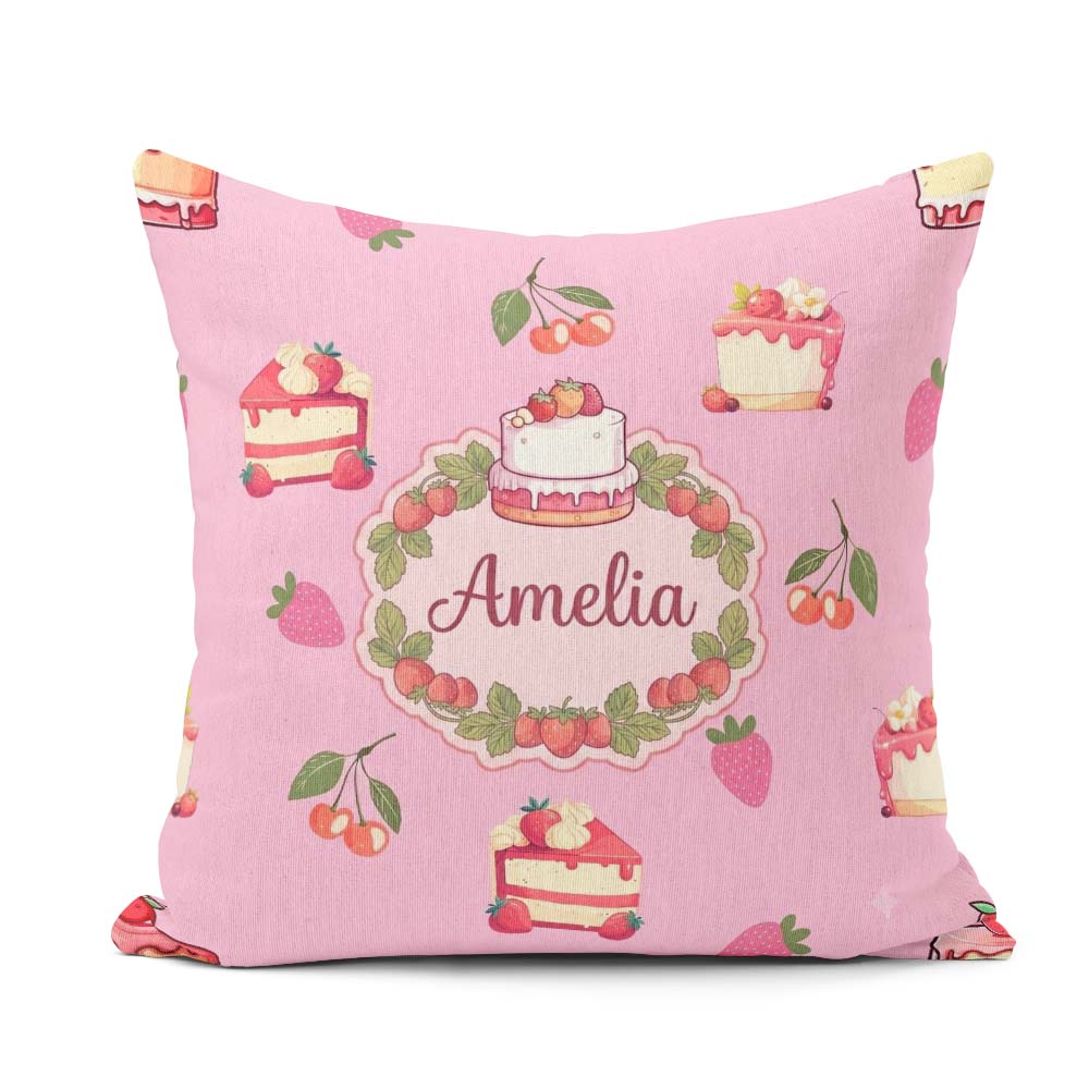 Custom Name Cute Cake Cherry Dessert Seamless Pattern Rose Pink Square Filled Cushion Throw Pillow Sofa Bed Home Decor Zip Washable UK Made