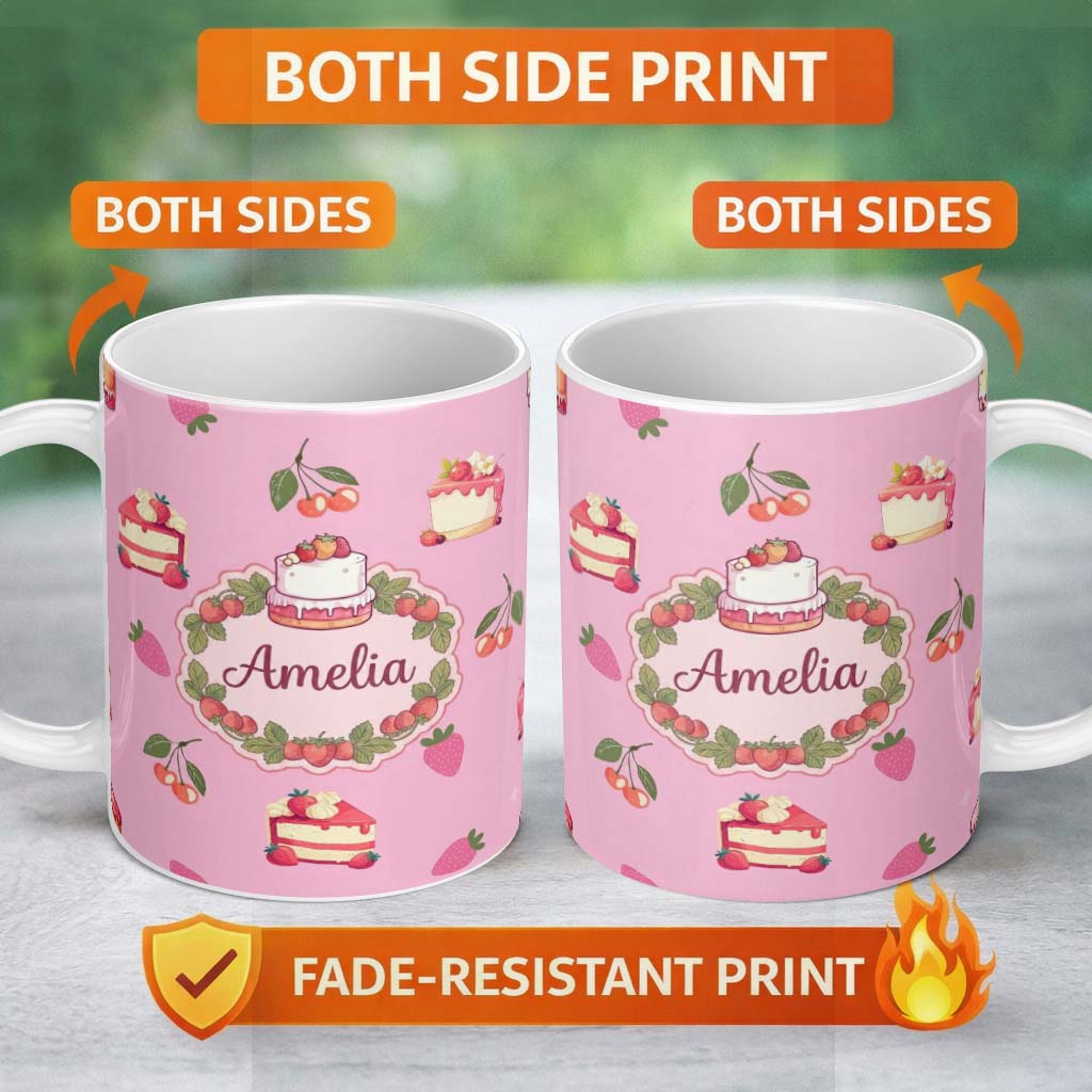 Personalized Custom Name Cute Strawberry Cake Cherry Dessert Seamless Pattern Rose Pink 11oz Ceramic Coffee Tea Mug White Large Handle