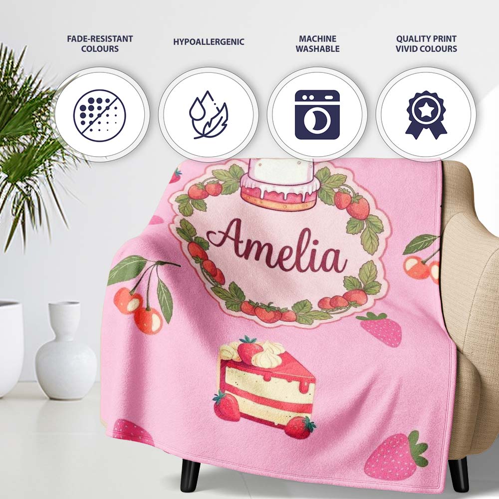 Cute Strawberry Cake Cherry Dessert Seamless Pattern Rose Pink  Personalised Custom Name Super Soft Fleece Blanket Bed Sofa Throw