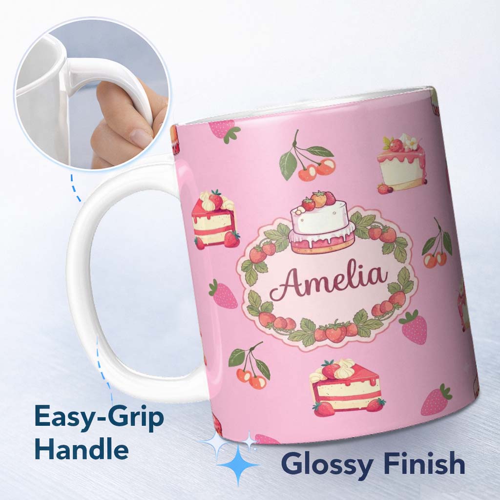 Personalized Custom Name Cute Strawberry Cake Cherry Dessert Seamless Pattern Rose Pink 11oz Ceramic Coffee Tea Mug White Large Handle