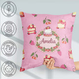 Custom Name Cute Cake Cherry Dessert Seamless Pattern Rose Pink Square Filled Cushion Throw Pillow Sofa Bed Home Decor Zip Washable UK Made