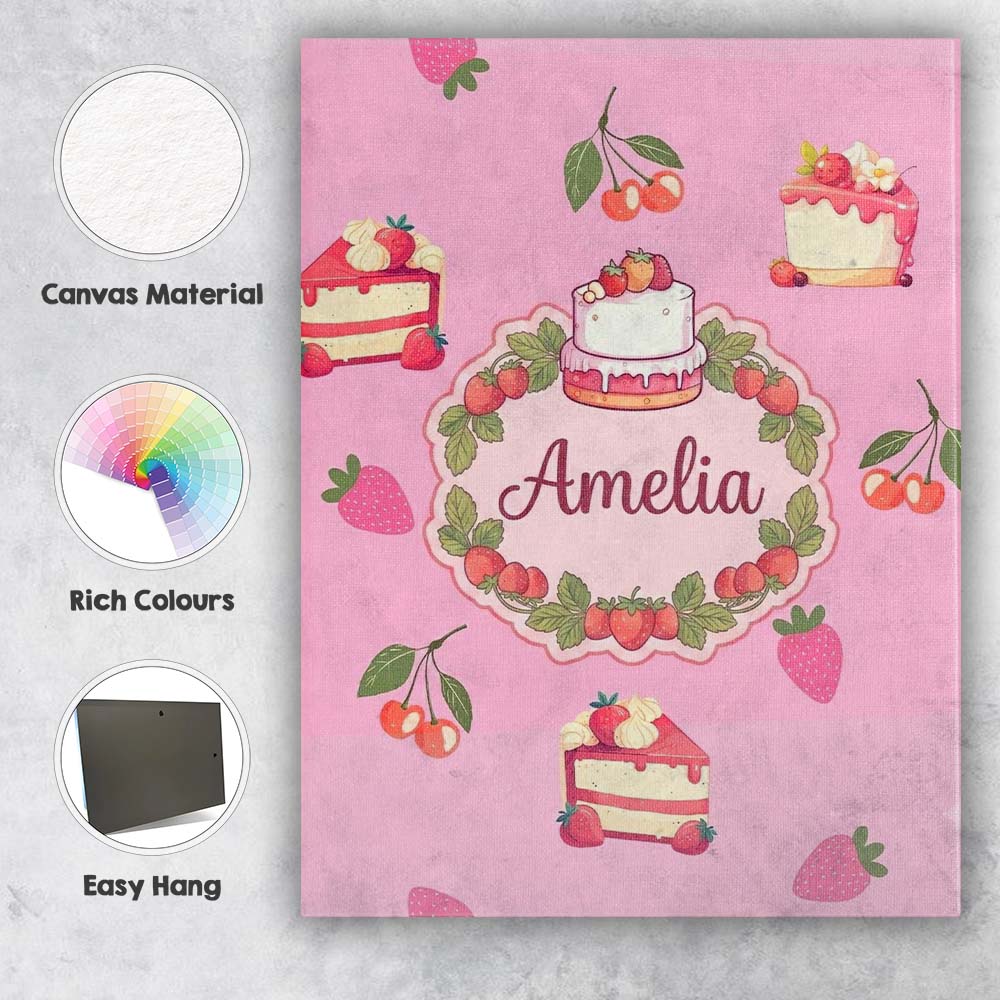 Personalised Name Cute Strawberry Cake Custom  Modern Room Accent Elegant Feature Canvas Wall Art Print Decor Picture Ready to Hang