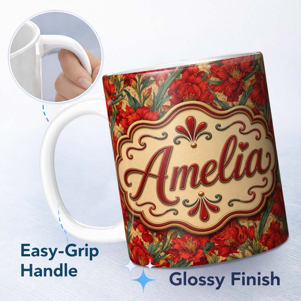 Personalized Custom Name Vintage Red Lily Floral Beige Background Seamless Pattern Lovely 11oz Ceramic Coffee Tea Mug White Large Handle