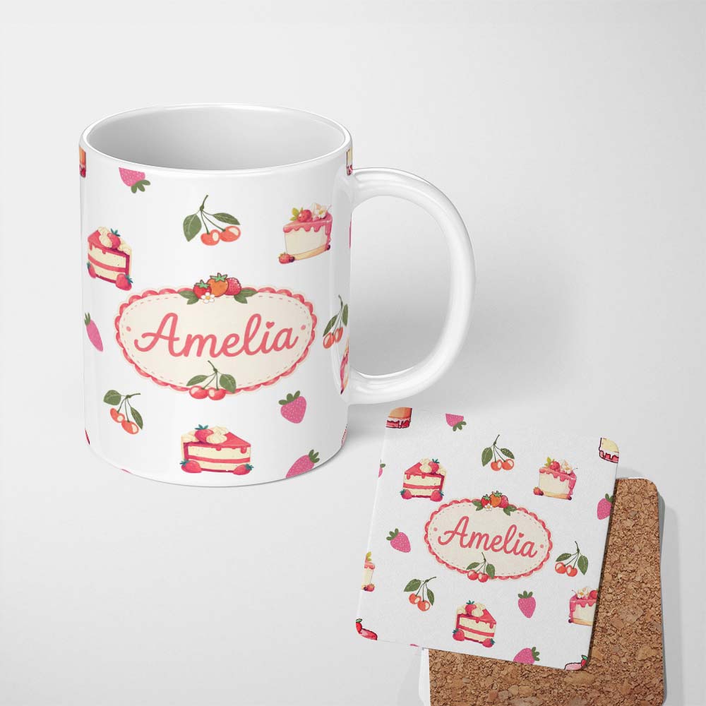 Personalized Custom Name Cute Strawberry Cake Cherry Dessert Seamless Pattern Light Grey 11oz Ceramic Coffee Tea Mug White Large Handle