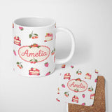 Personalized Custom Name Cute Strawberry Cake Cherry Dessert Seamless Pattern Light Grey 11oz Ceramic Coffee Tea Mug White Large Handle