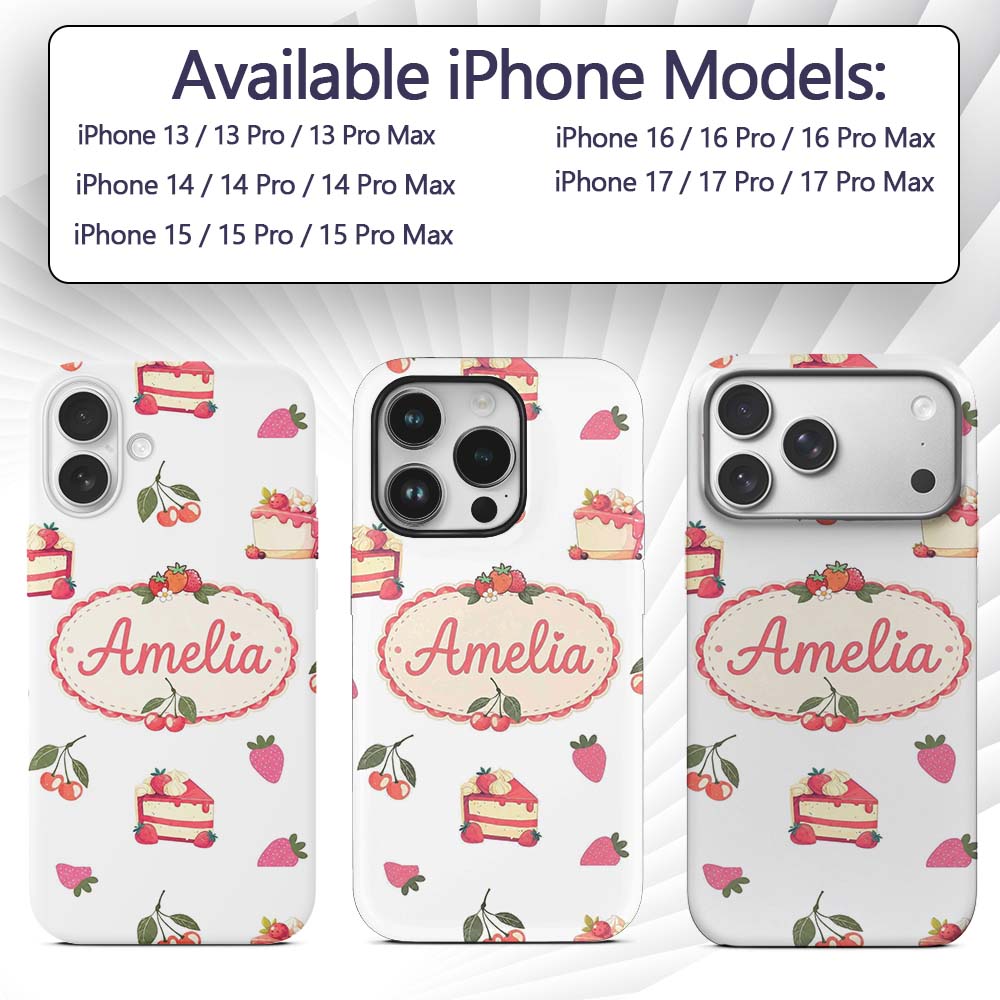 Cute Strawberry Cake Cherry Dessert Seamless Custom Name Protective Phone Case Mobile Cover Durable Everyday Smartphone Shock Resistant