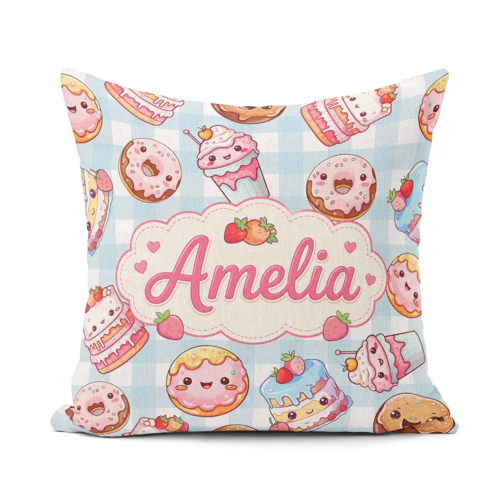 Custom Name Donut Cake Cupcake Sweet Treat Seamless Pattern Blue Square Filled Cushion Throw Pillow Sofa Bed Home Decor Zip Washable UK Made