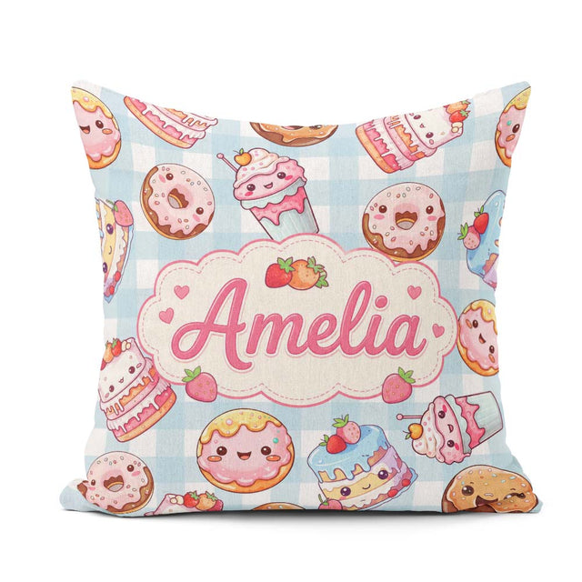 Custom Name Donut Cake Cupcake Sweet Treat Seamless Pattern Blue Square Filled Cushion Throw Pillow Sofa Bed Home Decor Zip Washable UK Made