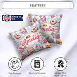 Custom Name Donut Cake Cupcake Sweet Treat Seamless Pattern Blue Square Filled Cushion Throw Pillow Sofa Bed Home Decor Zip Washable UK Made