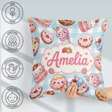 Custom Name Donut Cake Cupcake Sweet Treat Seamless Pattern Blue Square Filled Cushion Throw Pillow Sofa Bed Home Decor Zip Washable UK Made