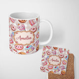 Personalized Custom Name Kawaii Donut Cake Cupcake Sweet Treat Seamless Pattern Beige 11oz Ceramic Coffee Tea Mug White Large Handle