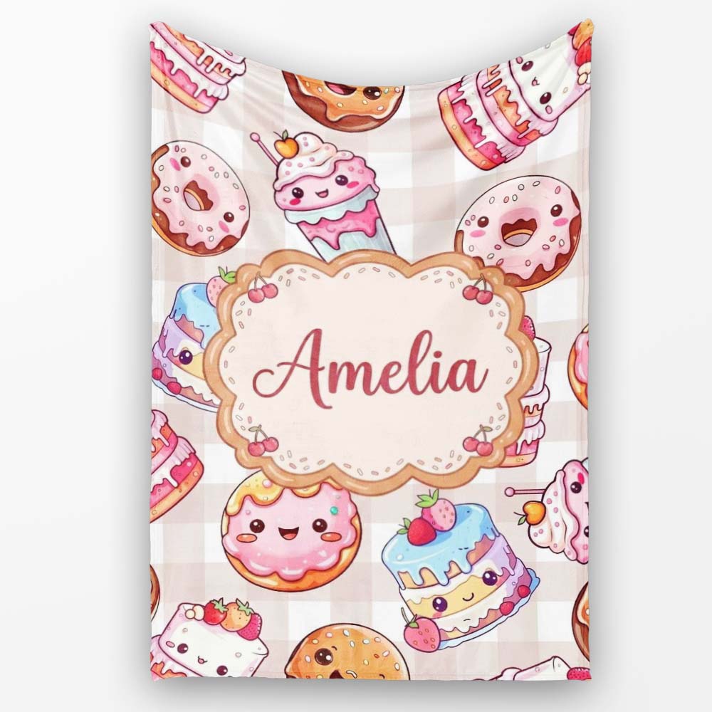 Kawaii Donut Cake Cupcake Sweet Treat Seamless Pattern Beige  Personalised Custom Name Super Soft Fleece Blanket Bed Sofa Throw
