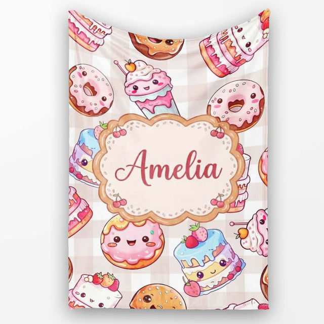 Kawaii Donut Cake Cupcake Sweet Treat Seamless Pattern Beige  Personalised Custom Name Super Soft Fleece Blanket Bed Sofa Throw