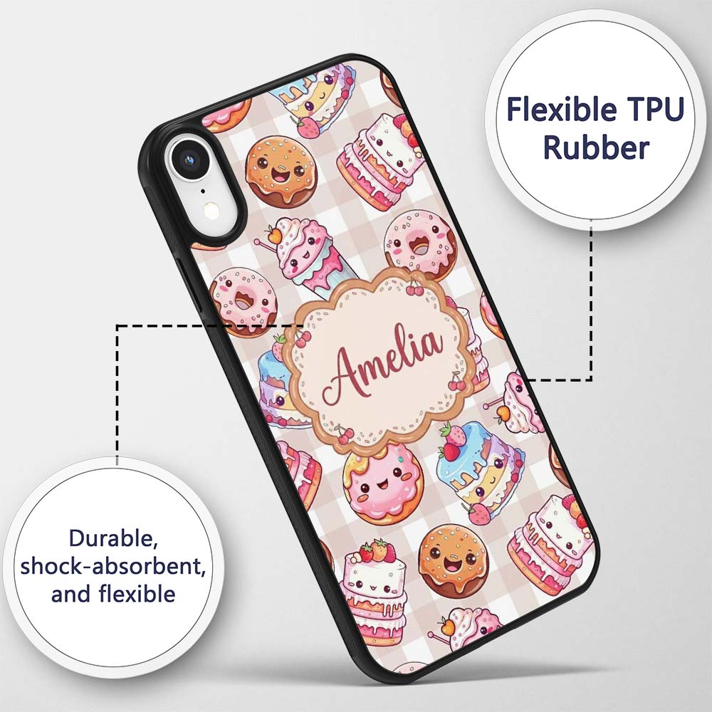 Kawaii Donut Cake Cupcake Sweet Treat Seamless Custom Name Protective Phone Case Mobile Cover Durable Everyday Smartphone Shock Resistant