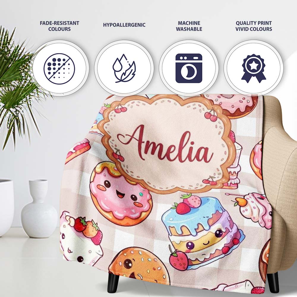 Kawaii Donut Cake Cupcake Sweet Treat Seamless Pattern Beige  Personalised Custom Name Super Soft Fleece Blanket Bed Sofa Throw