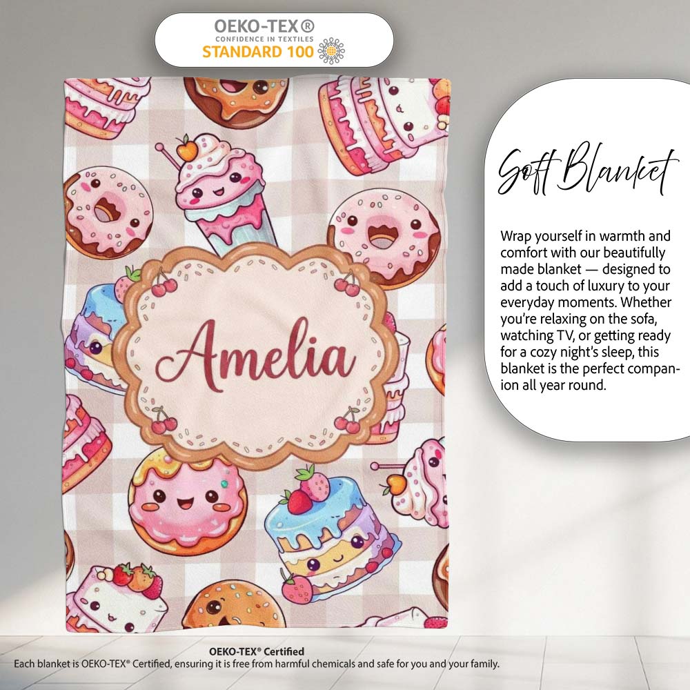 Kawaii Donut Cake Cupcake Sweet Treat Seamless Pattern Beige  Personalised Custom Name Super Soft Fleece Blanket Bed Sofa Throw