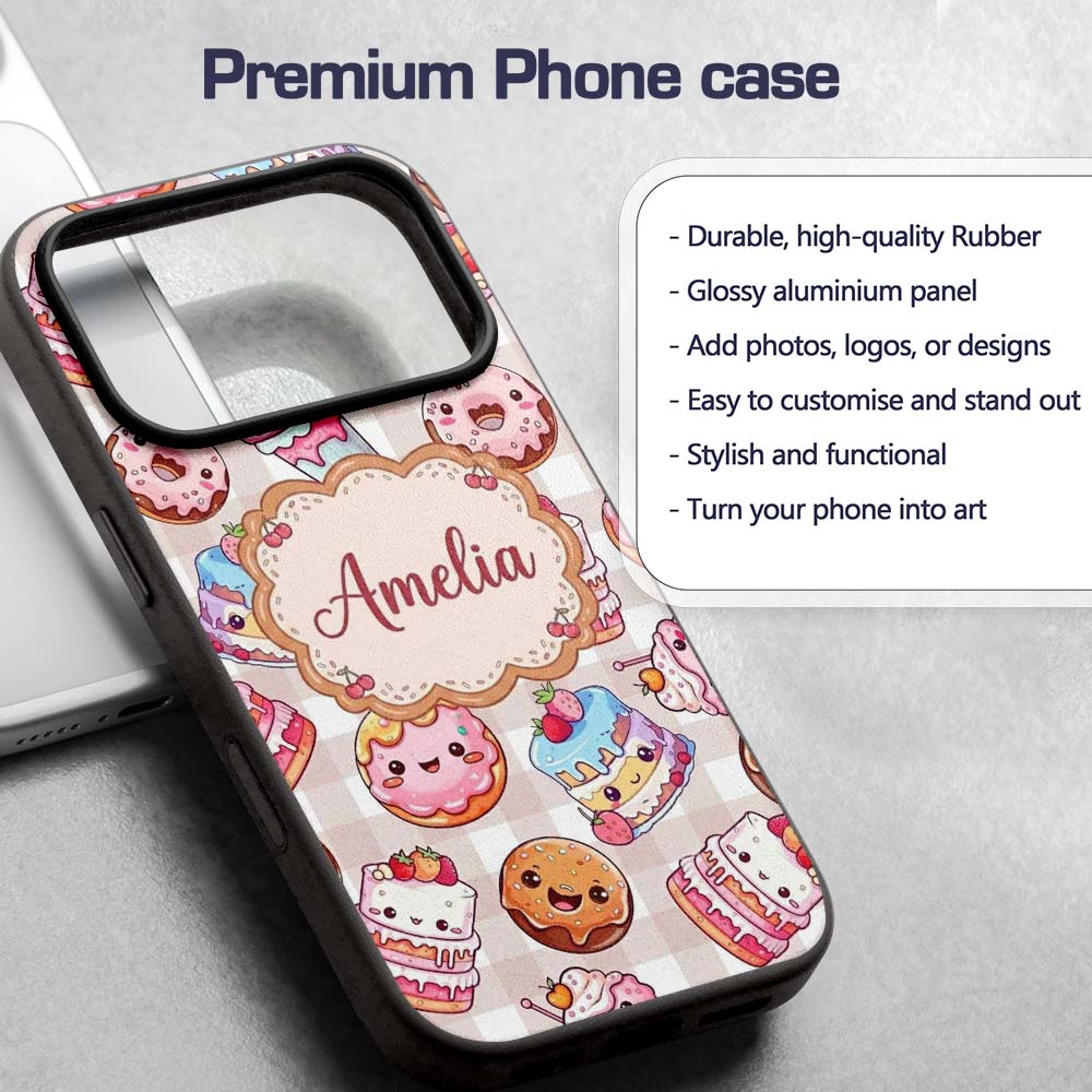 Kawaii Donut Cake Cupcake Sweet Treat Seamless Custom Name Protective Phone Case Mobile Cover Durable Everyday Smartphone Shock Resistant