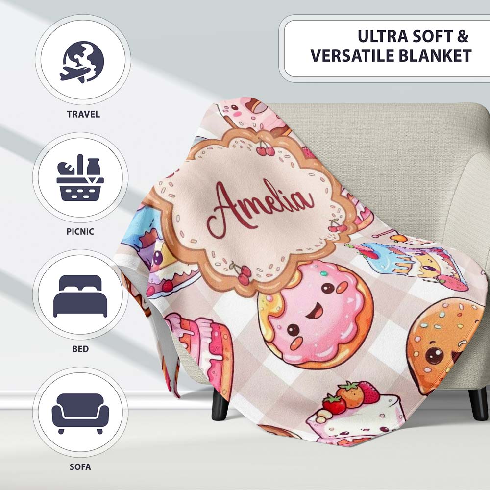 Kawaii Donut Cake Cupcake Sweet Treat Seamless Pattern Beige  Personalised Custom Name Super Soft Fleece Blanket Bed Sofa Throw