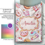 Kawaii Donut Cake Cupcake Sweet Treat Seamless Pattern Beige  Personalised Custom Name Super Soft Fleece Blanket Bed Sofa Throw