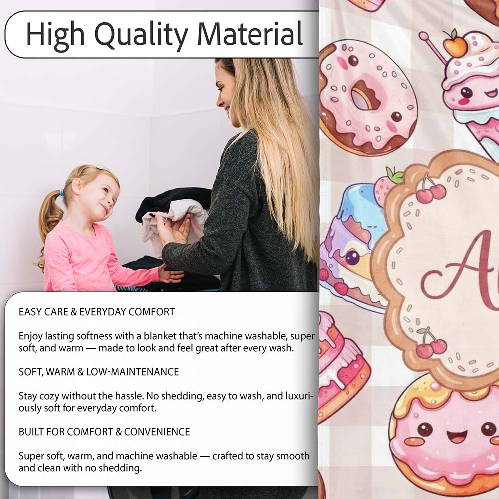 Kawaii Donut Cake Cupcake Sweet Treat Seamless Pattern Beige  Personalised Custom Name Super Soft Fleece Blanket Bed Sofa Throw