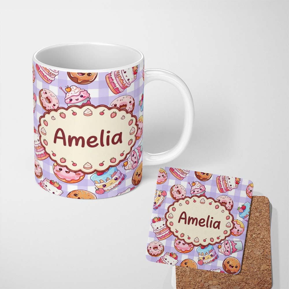 Personalized Custom Name Kawaii Donut Cake Cupcake Sweet Dessert Seamless Pattern Purple 11oz Ceramic Coffee Tea Mug White Large Handle