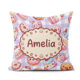 Custom Name Kawaii Donut Cupcake Dessert Seamless Pattern Purple Square Filled Cushion Throw Pillow Sofa Bed Home Decor Zip Washable UK Made