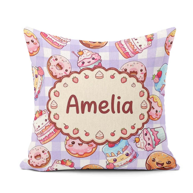 Custom Name Kawaii Donut Cupcake Dessert Seamless Pattern Purple Square Filled Cushion Throw Pillow Sofa Bed Home Decor Zip Washable UK Made