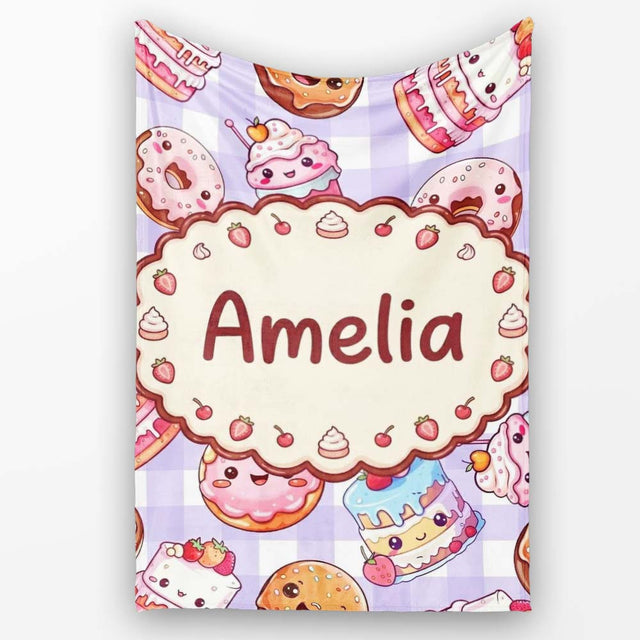 Kawaii Donut Cake Cupcake Sweet Dessert Seamless Pattern Purple  Personalised Custom Name Super Soft Fleece Blanket Bed Sofa Throw