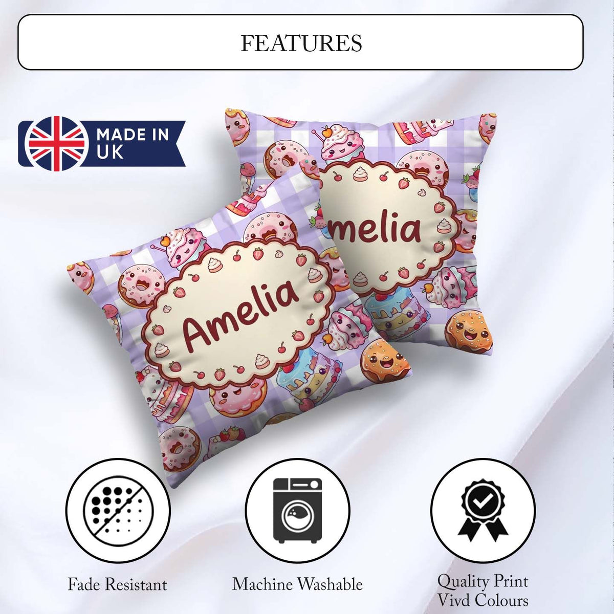 Custom Name Kawaii Donut Cupcake Dessert Seamless Pattern Purple Square Filled Cushion Throw Pillow Sofa Bed Home Decor Zip Washable UK Made