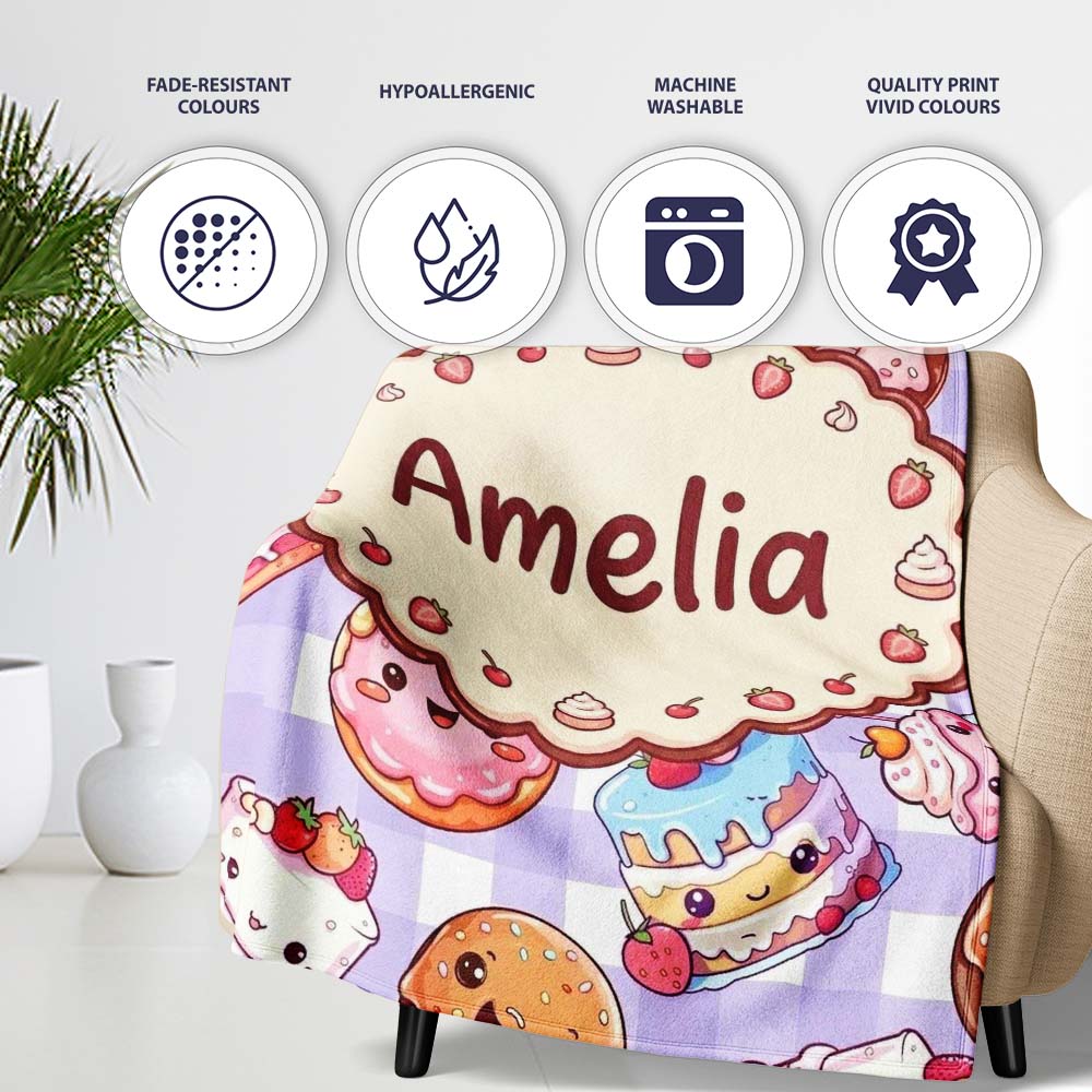 Kawaii Donut Cake Cupcake Sweet Dessert Seamless Pattern Purple  Personalised Custom Name Super Soft Fleece Blanket Bed Sofa Throw