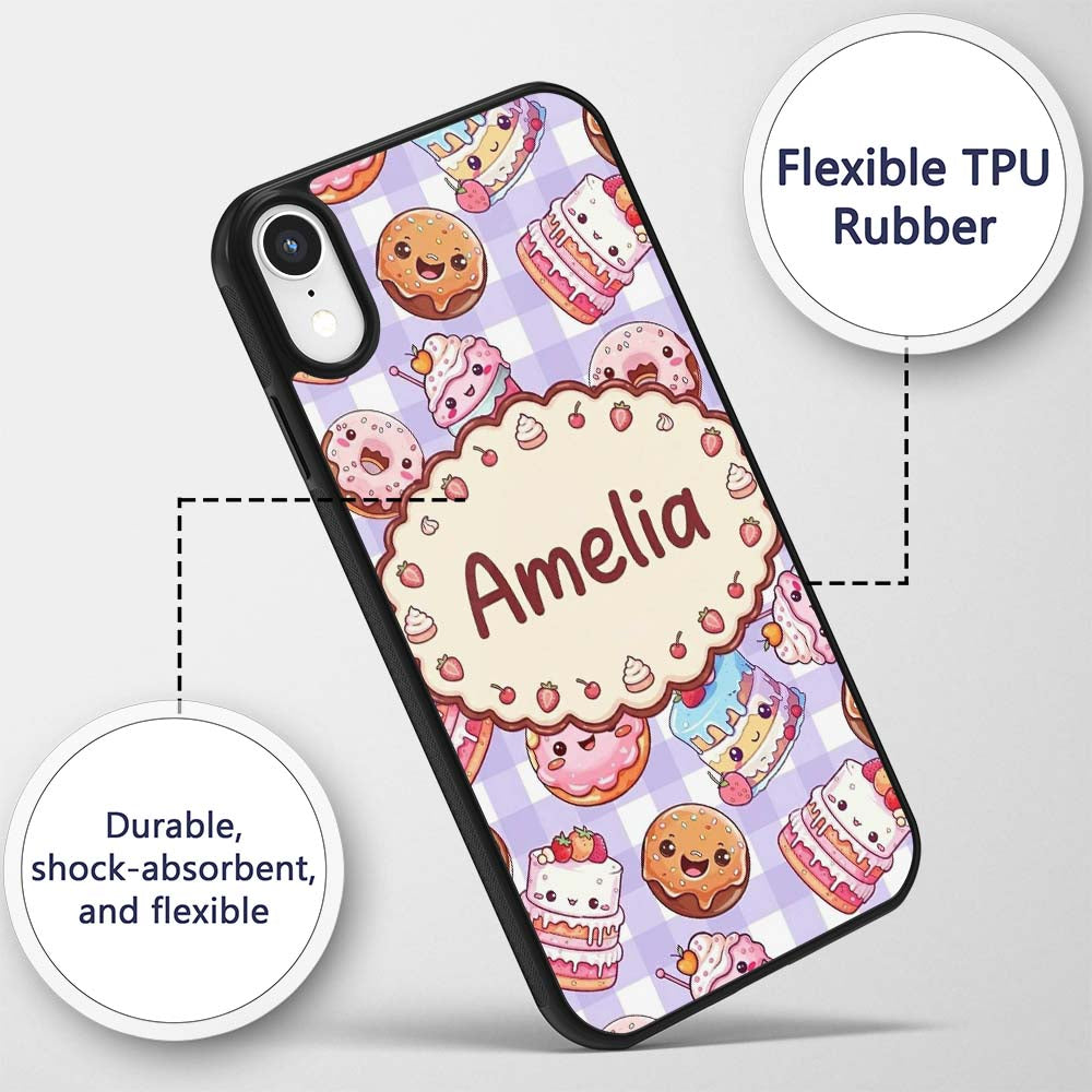 Kawaii Donut Cake Cupcake Sweet Dessert Seamless Custom Name Protective Phone Case Mobile Cover Durable Everyday Smartphone Shock Resistant