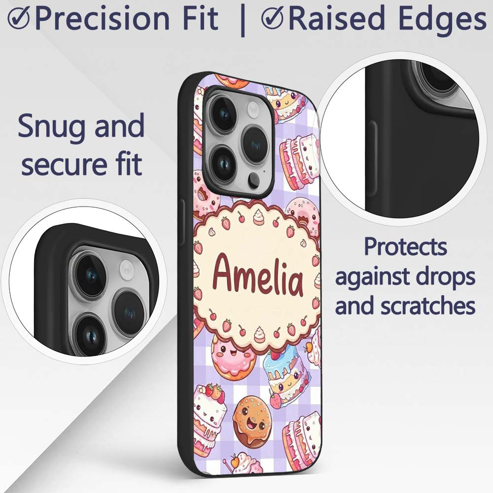 Kawaii Donut Cake Cupcake Sweet Dessert Seamless Custom Name Protective Phone Case Mobile Cover Durable Everyday Smartphone Shock Resistant