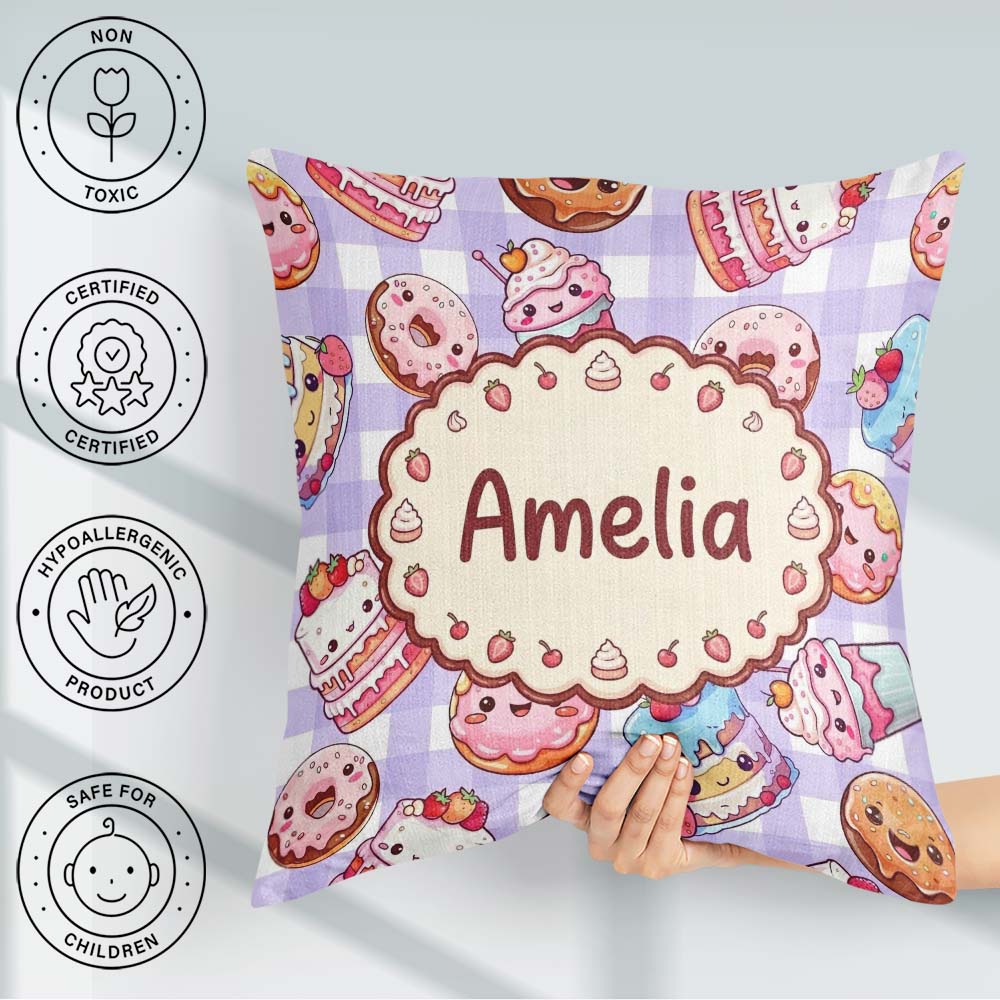 Custom Name Kawaii Donut Cupcake Dessert Seamless Pattern Purple Square Filled Cushion Throw Pillow Sofa Bed Home Decor Zip Washable UK Made
