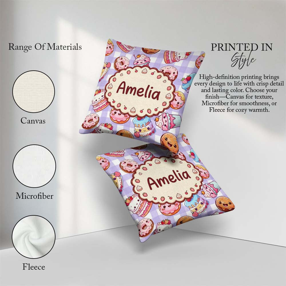 Custom Name Kawaii Donut Cupcake Dessert Seamless Pattern Purple Square Filled Cushion Throw Pillow Sofa Bed Home Decor Zip Washable UK Made