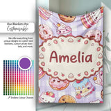 Kawaii Donut Cake Cupcake Sweet Dessert Seamless Pattern Purple  Personalised Custom Name Super Soft Fleece Blanket Bed Sofa Throw