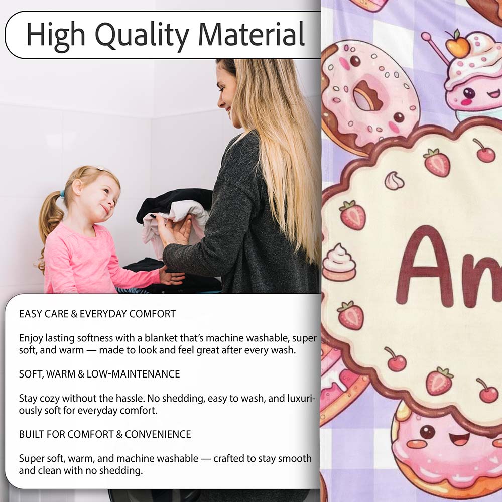 Kawaii Donut Cake Cupcake Sweet Dessert Seamless Pattern Purple  Personalised Custom Name Super Soft Fleece Blanket Bed Sofa Throw