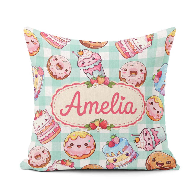 Custom Name Kawaii Donut Cake Cupcake Sweet Dessert Pattern Mint Square Filled Cushion Throw Pillow Sofa Bed Home Decor Zip Washable UK Made