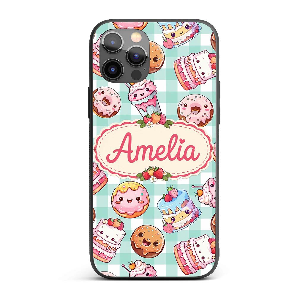 Kawaii Donut Cake Cupcake Sweet Dessert Seamless Custom Name Protective Phone Case Mobile Cover Durable Everyday Smartphone Shock Resistant