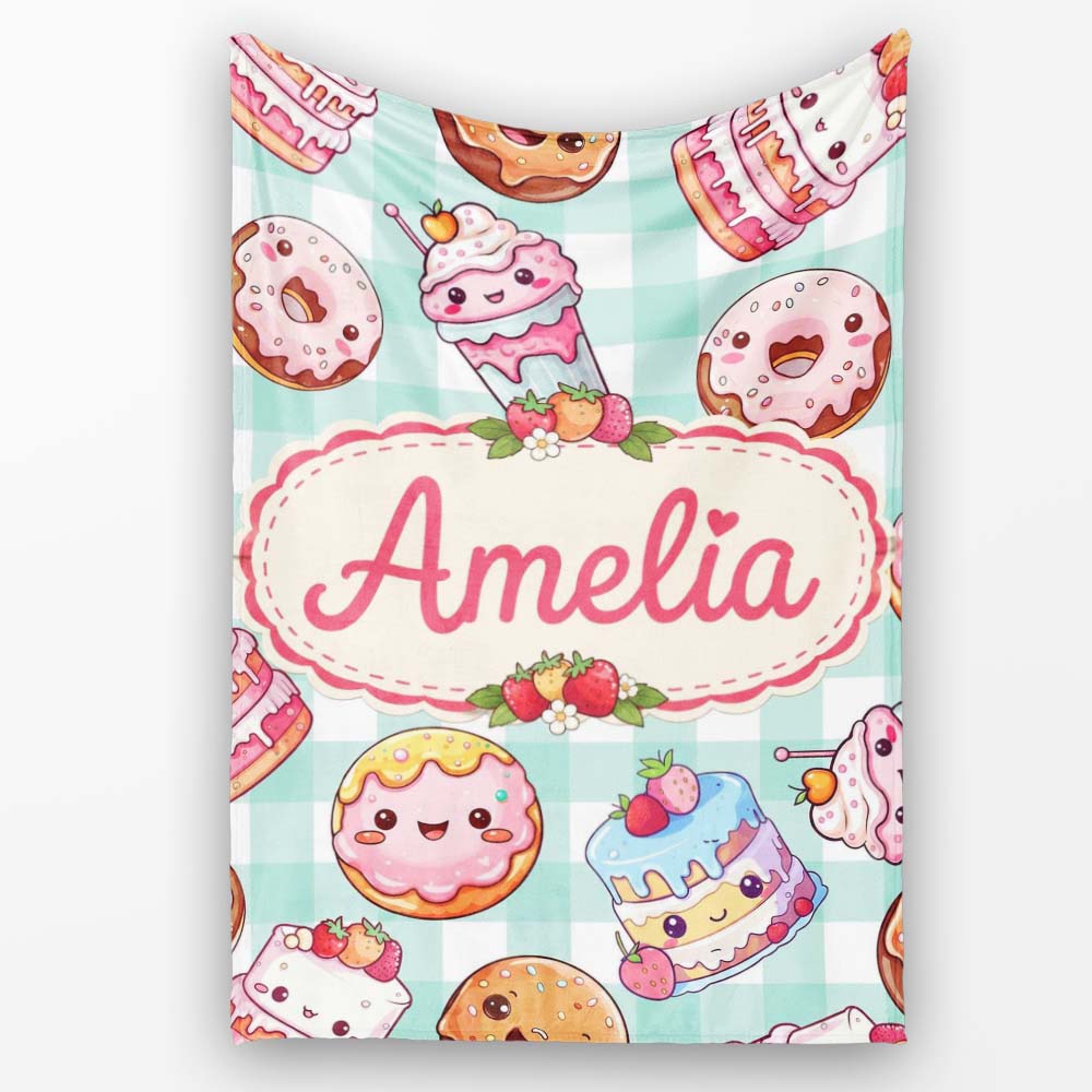 Kawaii Donut Cake Cupcake Sweet Dessert Seamless Pattern Mint  Personalised Custom Name Super Soft Fleece Blanket Bed Sofa Throw