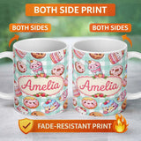 Personalized Custom Name Kawaii Donut Cake Cupcake Sweet Dessert Seamless Pattern Mint 11oz Ceramic Coffee Tea Mug White Large Handle