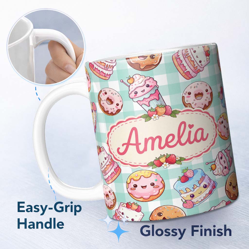 Personalized Custom Name Kawaii Donut Cake Cupcake Sweet Dessert Seamless Pattern Mint 11oz Ceramic Coffee Tea Mug White Large Handle