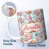 Personalized Custom Name Kawaii Donut Cake Cupcake Sweet Dessert Seamless Pattern Mint 11oz Ceramic Coffee Tea Mug White Large Handle