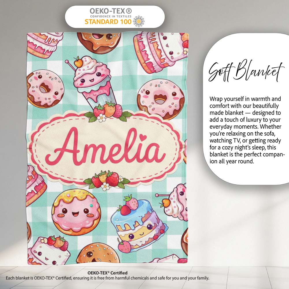 Kawaii Donut Cake Cupcake Sweet Dessert Seamless Pattern Mint  Personalised Custom Name Super Soft Fleece Blanket Bed Sofa Throw