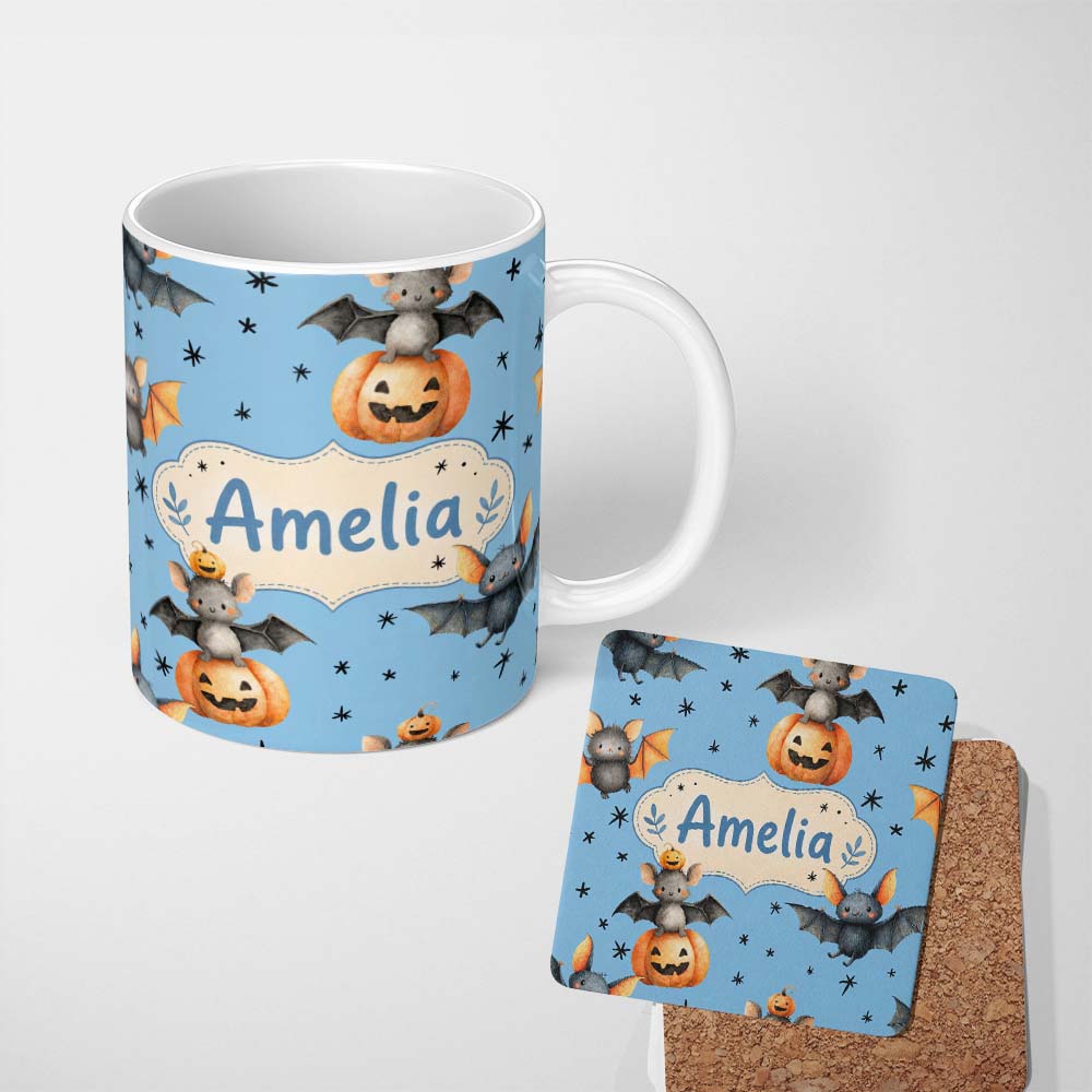 Personalized Custom Name Cute Halloween Bats Sitting on Pumpkins with Stars Blue Background 11oz Ceramic Coffee Tea Mug White Large Handle