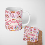 Personalized Custom Name Kawaii Donut Cake Cupcake Sweet Dessert Seamless Pattern Pink 11oz Ceramic Coffee Tea Mug White Large Handle
