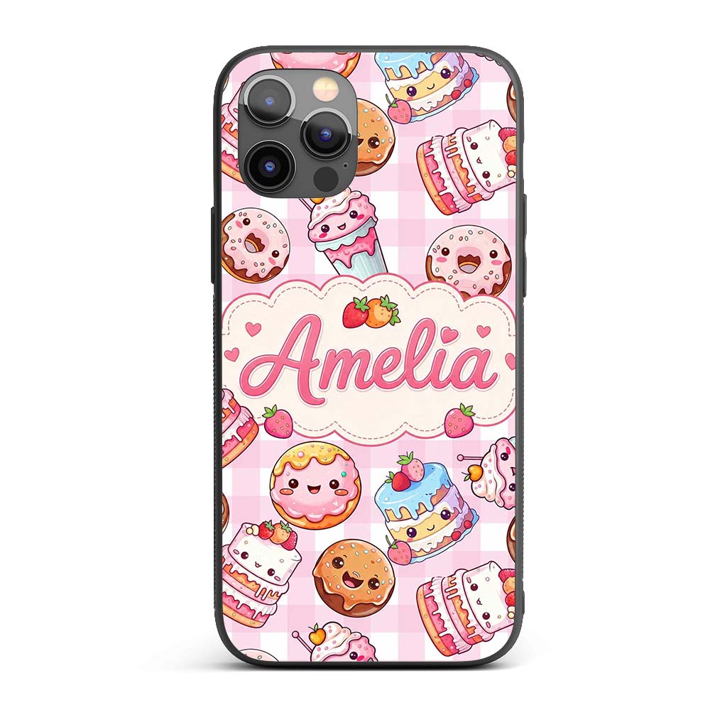 Kawaii Donut Cake Cupcake Sweet Dessert Seamless Custom Name Protective Phone Case Mobile Cover Durable Everyday Smartphone Shock Resistant