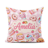 Custom Name Kawaii Donut Cake Cupcake Sweet Dessert Pattern Pink Square Filled Cushion Throw Pillow Sofa Bed Home Decor Zip Washable UK Made
