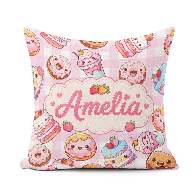 Custom Name Kawaii Donut Cake Cupcake Sweet Dessert Pattern Pink Square Filled Cushion Throw Pillow Sofa Bed Home Decor Zip Washable UK Made