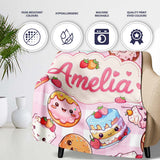 Kawaii Donut Cake Cupcake Sweet Dessert Seamless Pattern Pink  Personalised Custom Name Super Soft Fleece Blanket Bed Sofa Throw